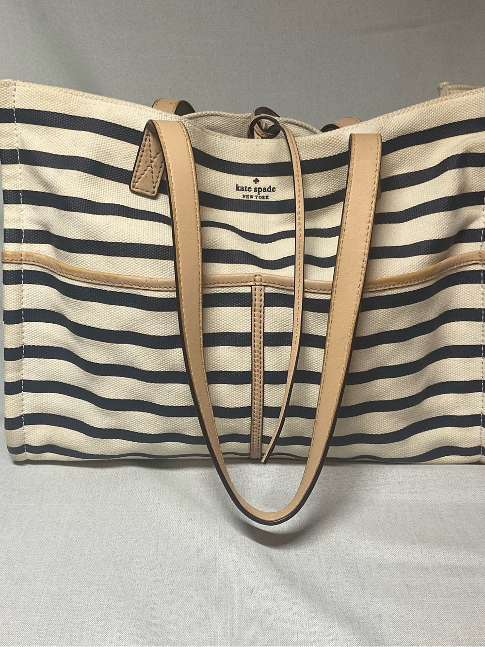 Kate Spade New York Striped Canvas Tote in Navy and Cream with Tan leather Trim